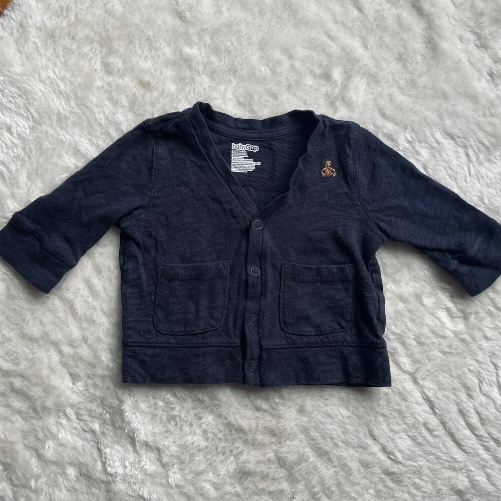 Baby Gap Navy Cardigan Sweater sz 3-6 Months 100% Cotton Embroidered Teddy Bear